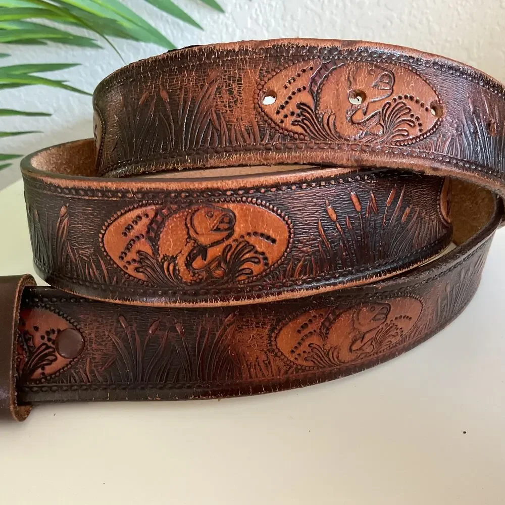 Vintage Brown Leather Western Style Fish Themed Belt 44 inch with Buckle